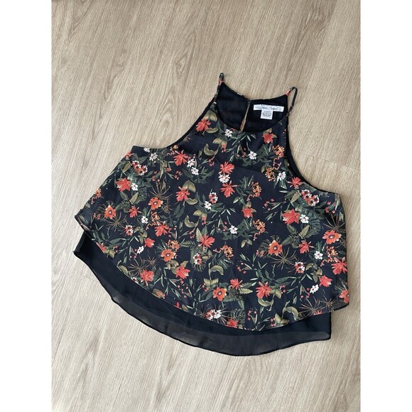 SANS SOUCI Women’s Black Floral Chiffon Halter Camisoles Layered Tank Top Size M - Picture 3 of 6